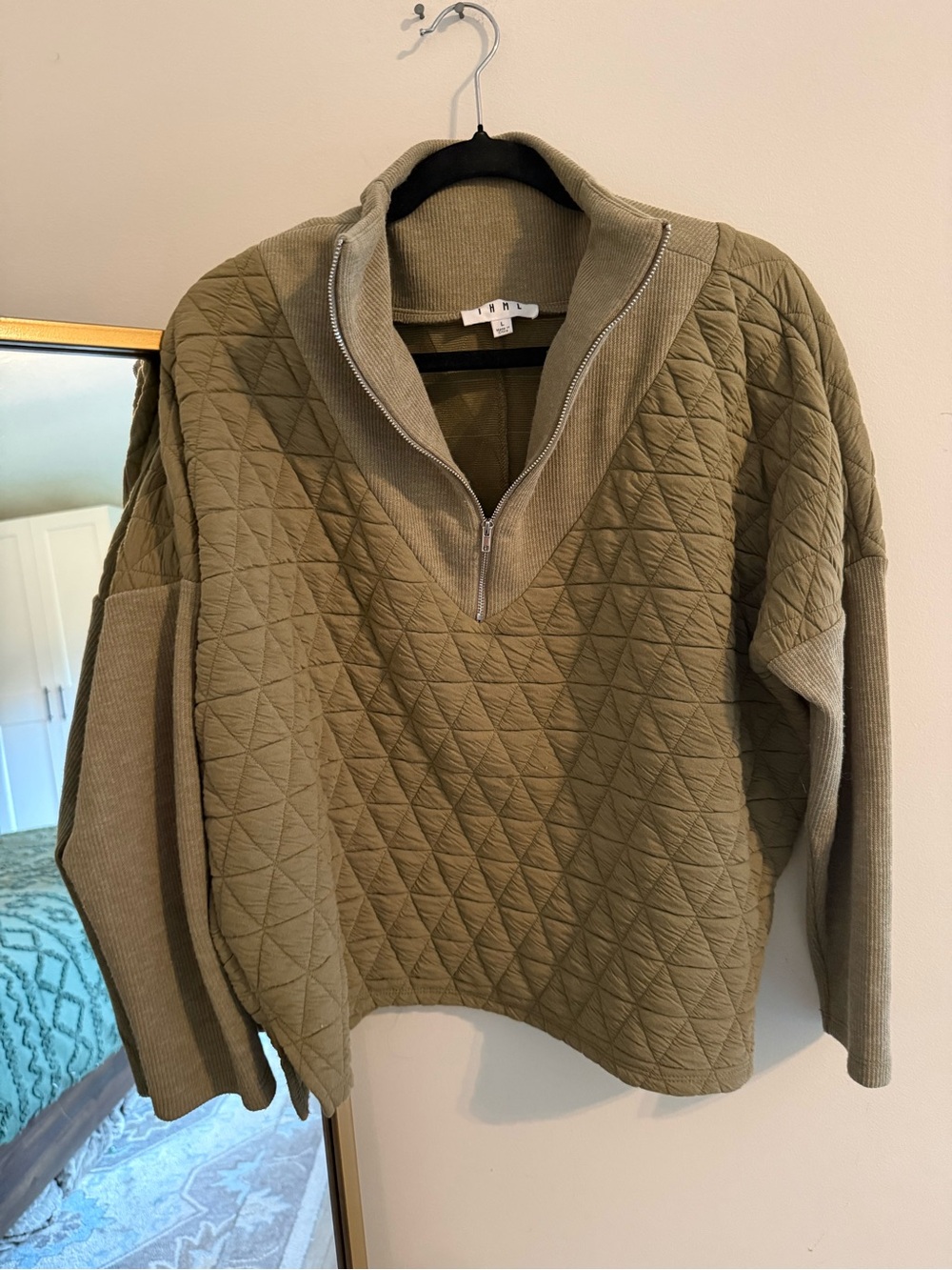 THML Olive Quilted Half-Zip Cowl Sweater